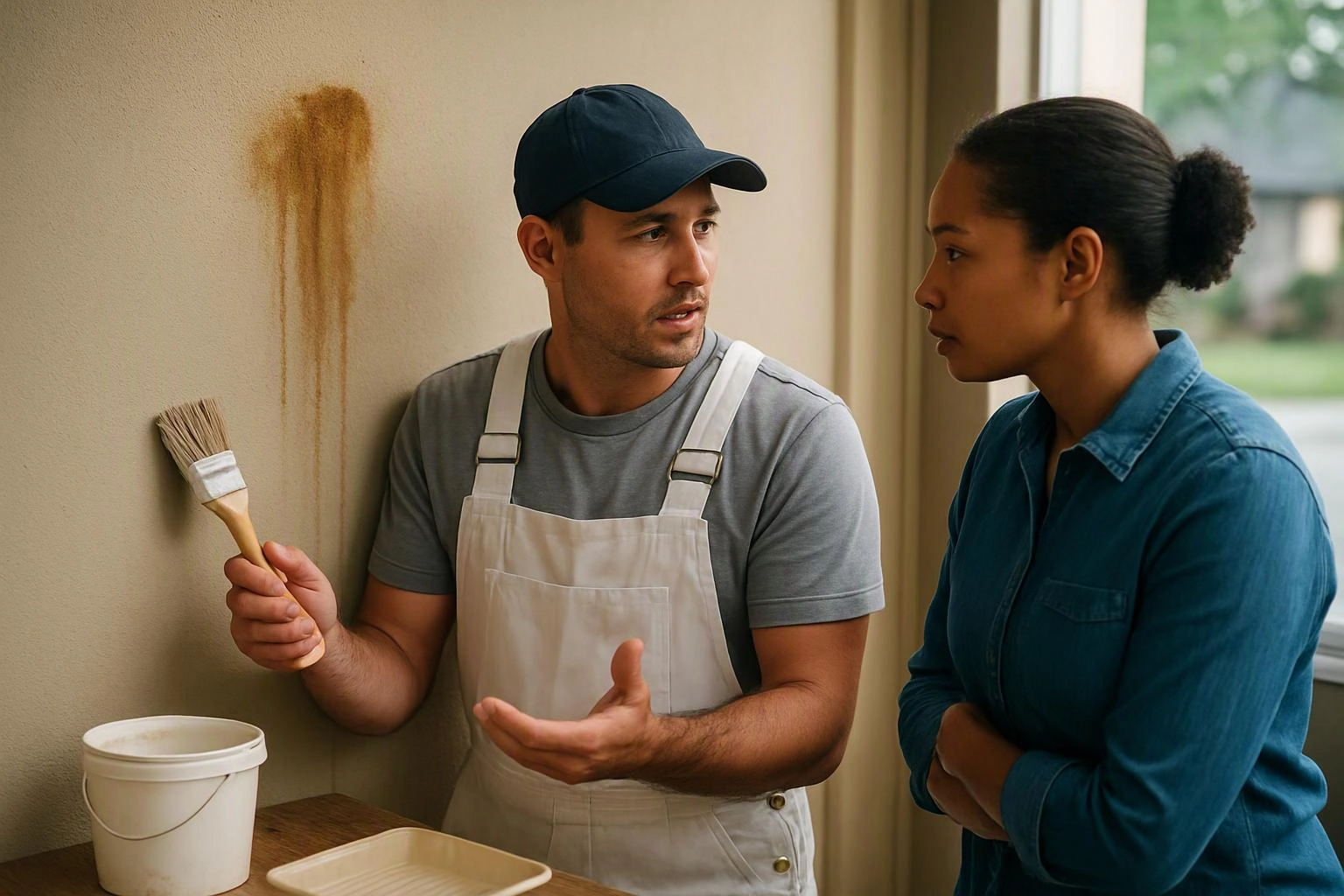 Two people discuss a paint stain beside a wall, with a brush and bucket nearby