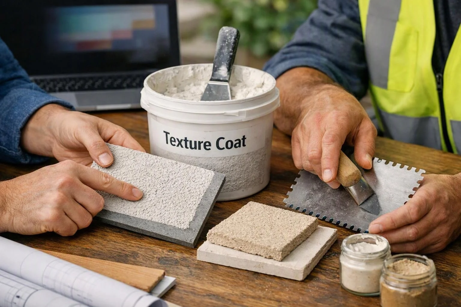 Two people compare textured coating samples and tools around a bucket labeled Texture Coat on a wooden table