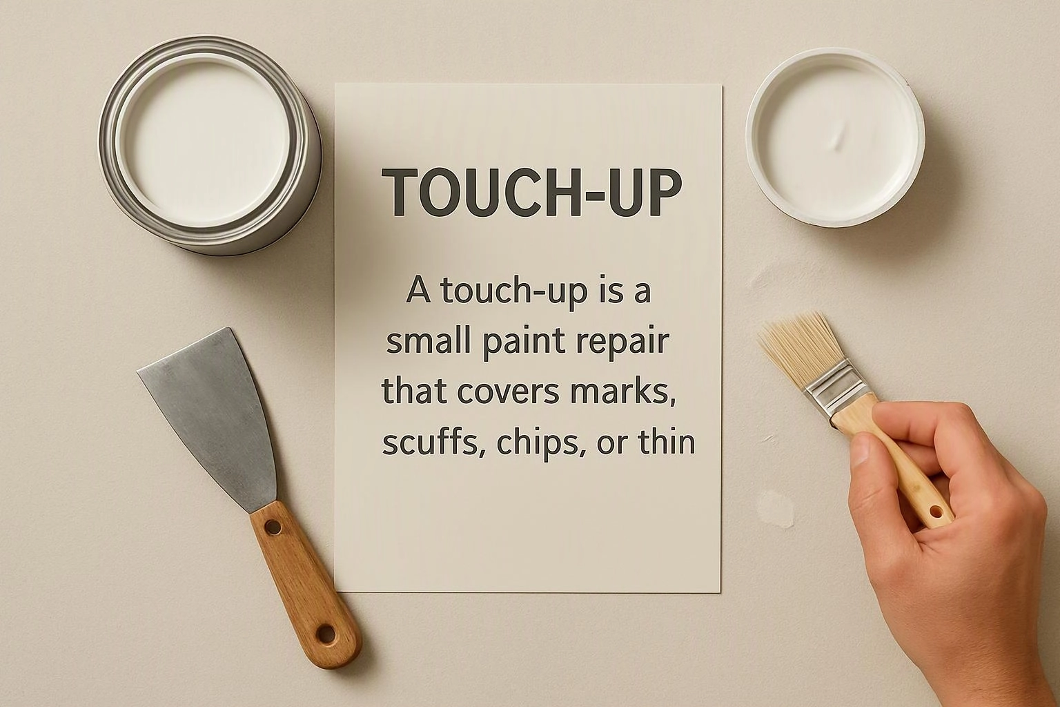 A hand holds a paintbrush beside open paint cans and a card that explains touch-up paint repairs