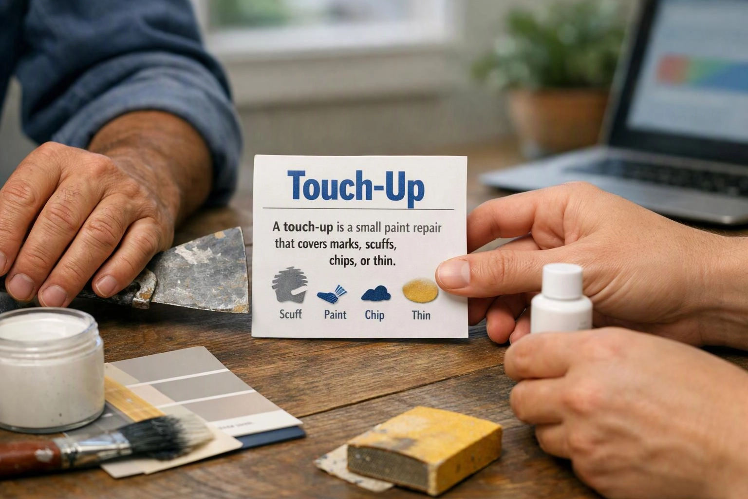 Two hands hold a touch-up paint card beside a scraper, brush, paint swatches, and small white bottle on a wooden table