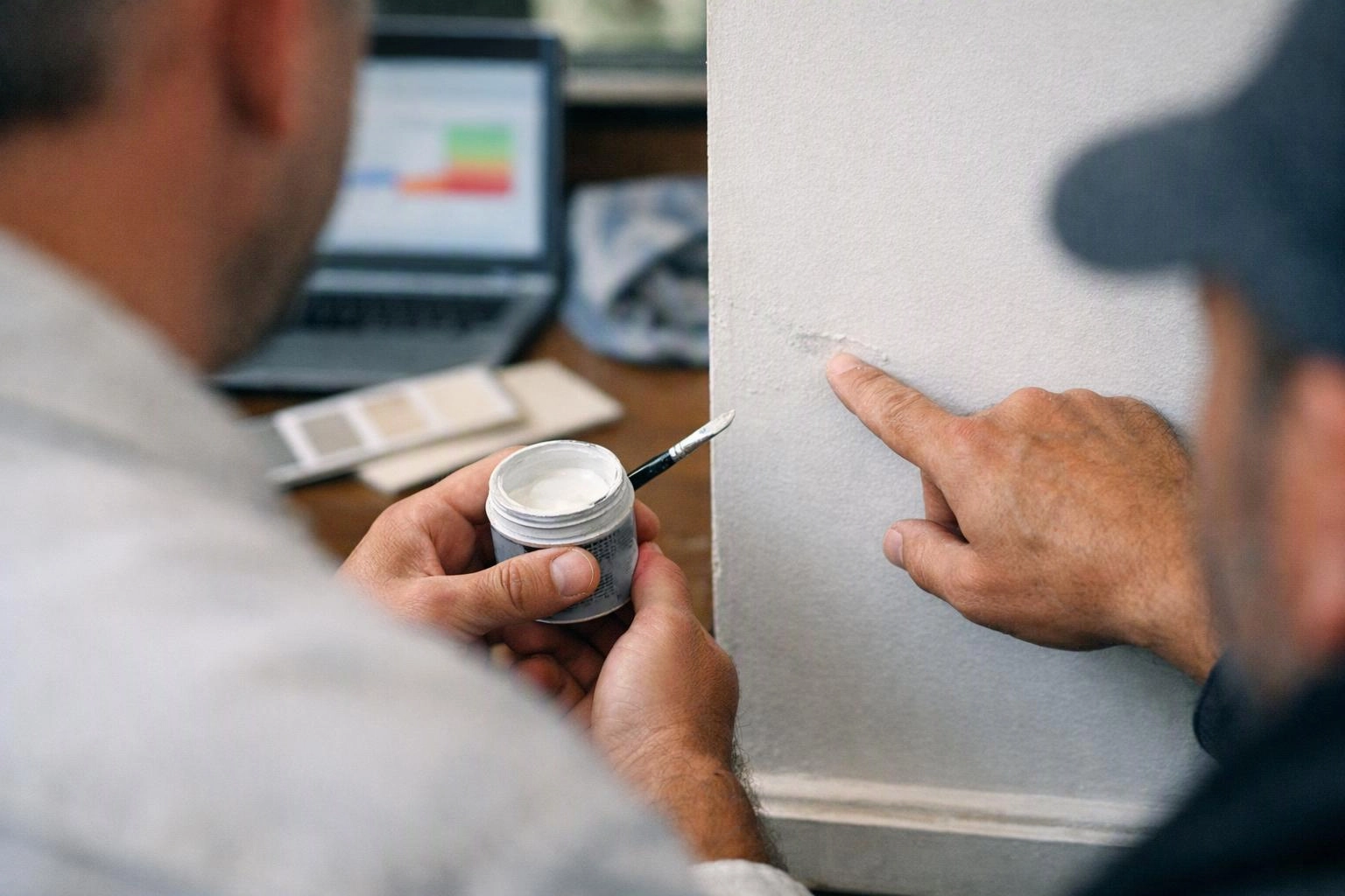 Two men inspect a wall chip while one holds a paint jar and brush, with a laptop on the desk behind them