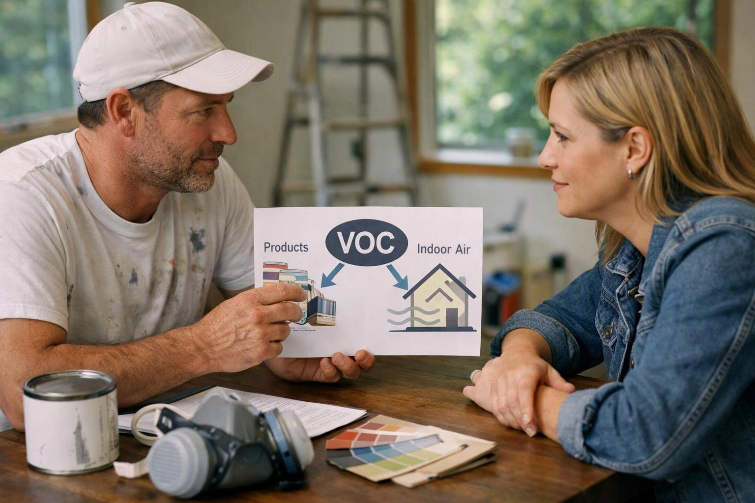 A painter shows a VOC diagram to a woman across a table in a bright room