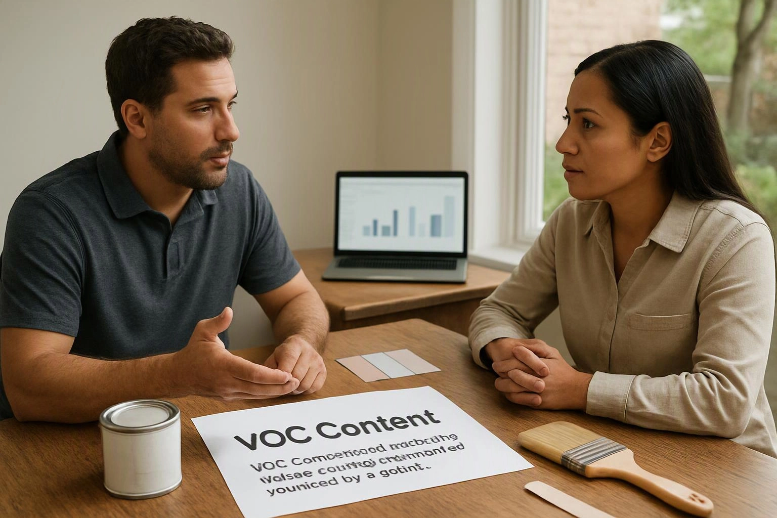 Two people talk across a wooden table with a laptop, paint swatches, a can, and a printed sheet in a bright room