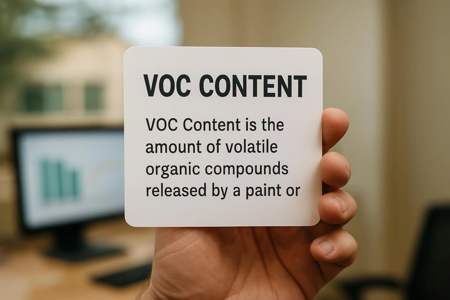 A hand holds a card reading “VOC CONTENT” in front of a blurred computer monitor and desk