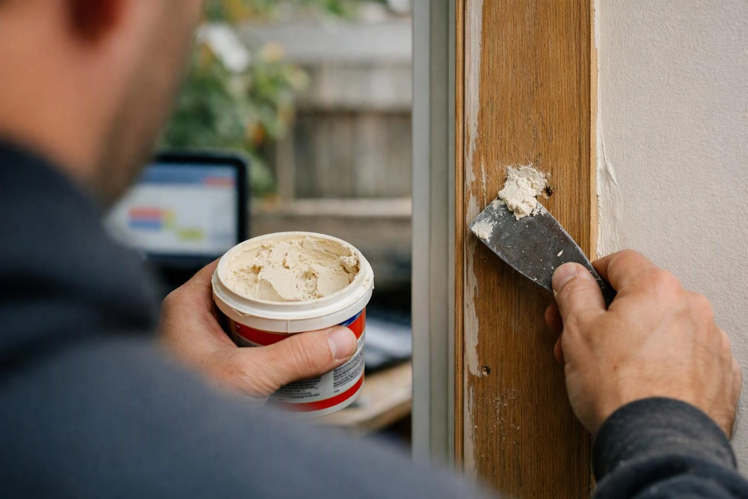 A person applies filler to a wooden door frame with a putty knife while holding a tub of paste