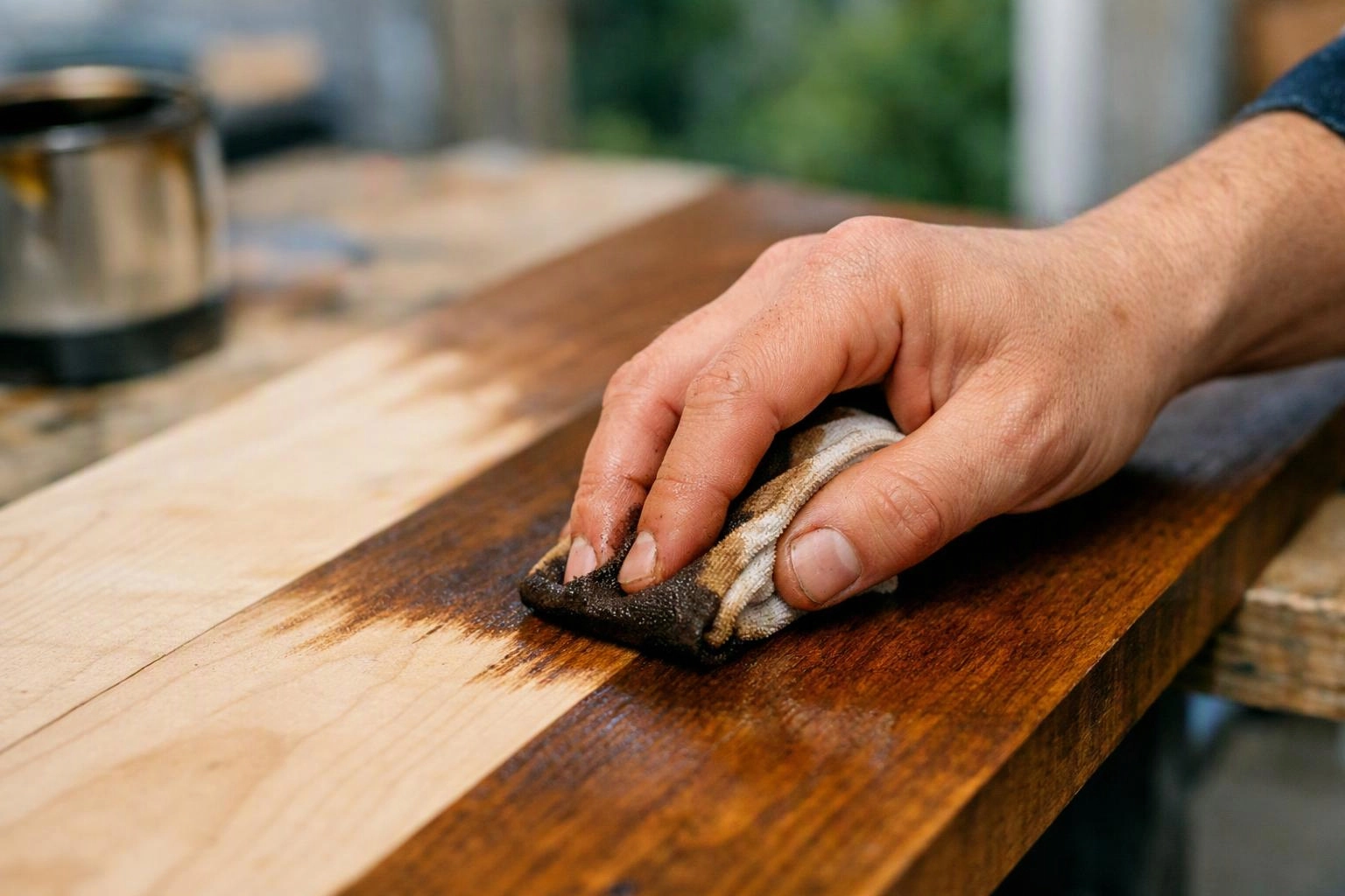A hand wipes dark stain onto a wooden board with a cloth on a workshop table