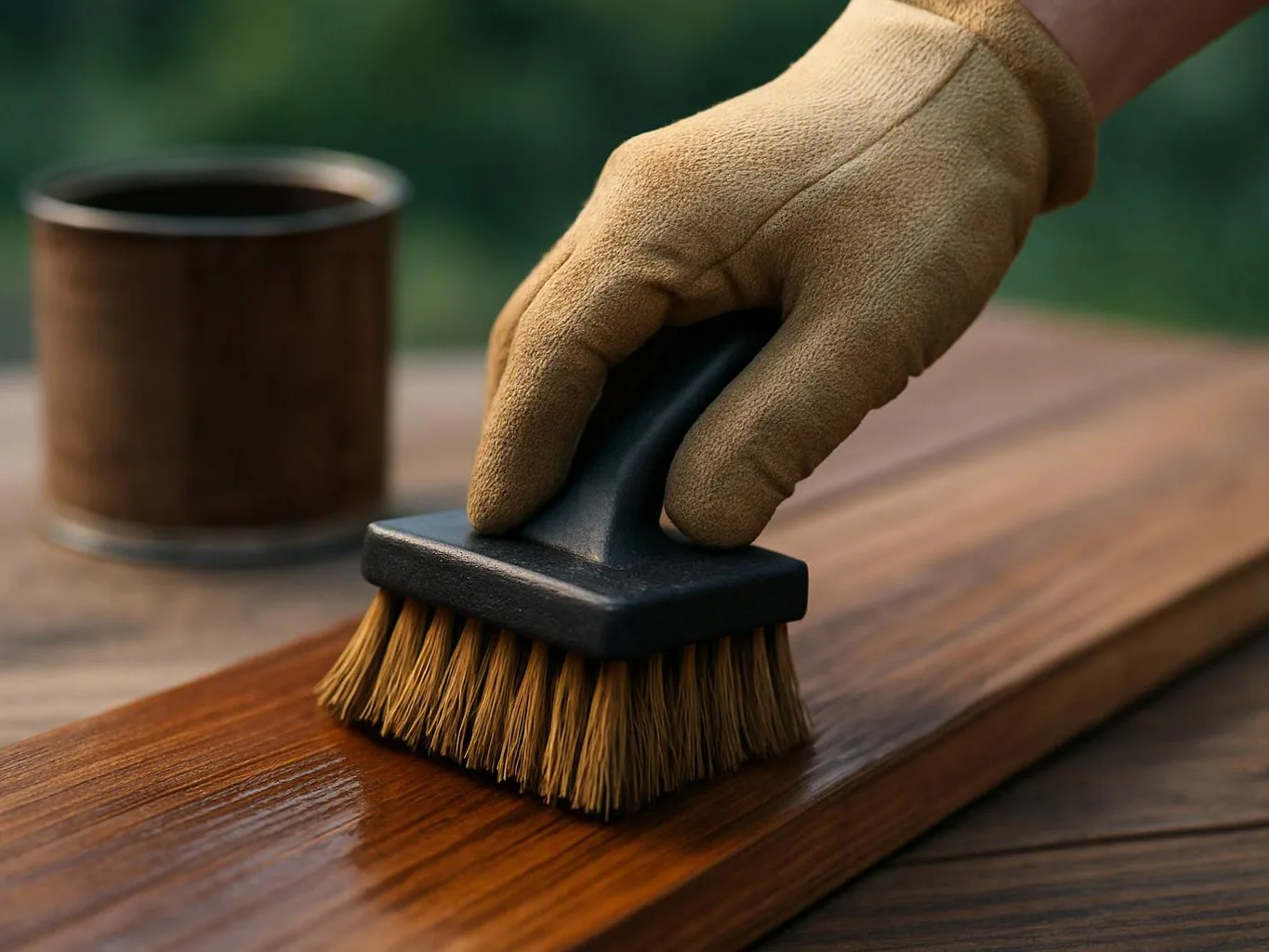 A gloved hand brushes finish onto a wooden plank beside a small can