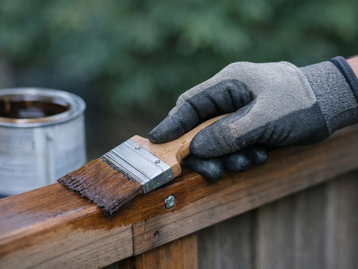 A gloved hand brushes stain onto a wooden railing beside a paint can outdoors