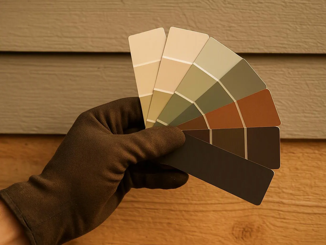 A gloved hand fans out paint color swatches against wood siding with beige panels behind