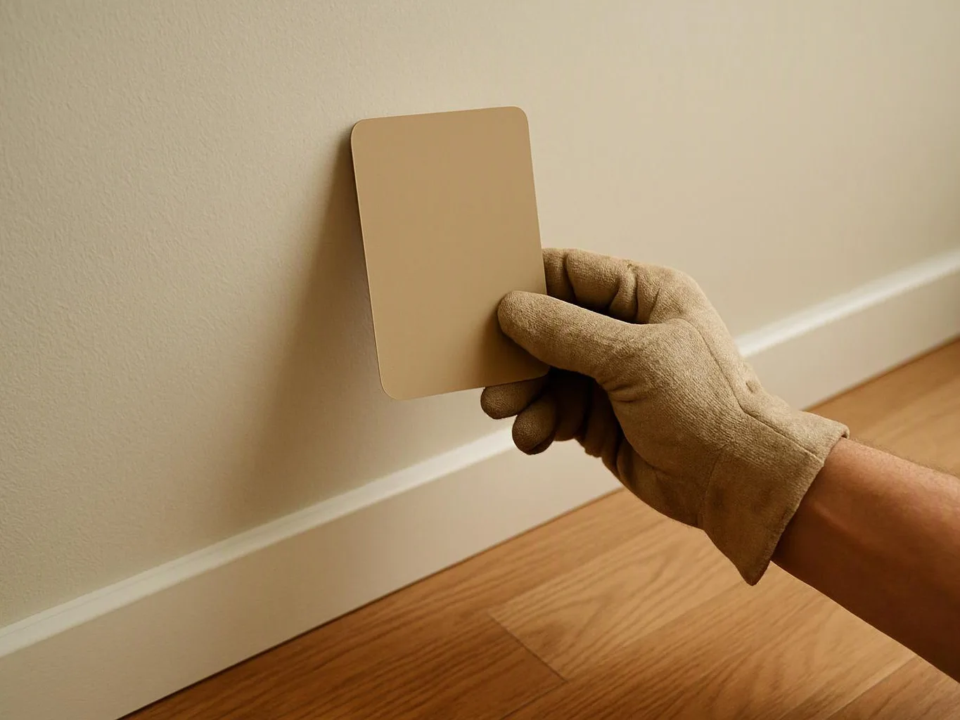 A gloved hand holds a beige paint sample card against a cream wall above a wooden floor