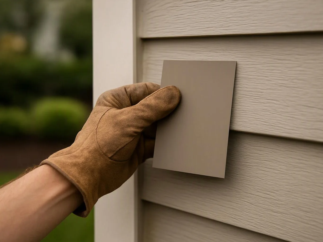 A gloved hand holds a blank paint sample against beige house siding outdoors