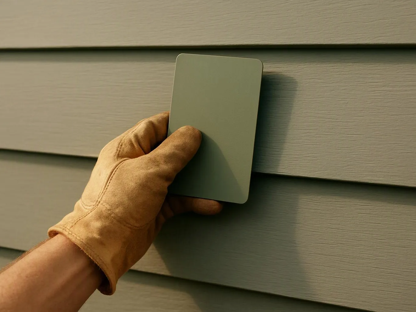 A gloved hand holds a color sample card against gray exterior siding