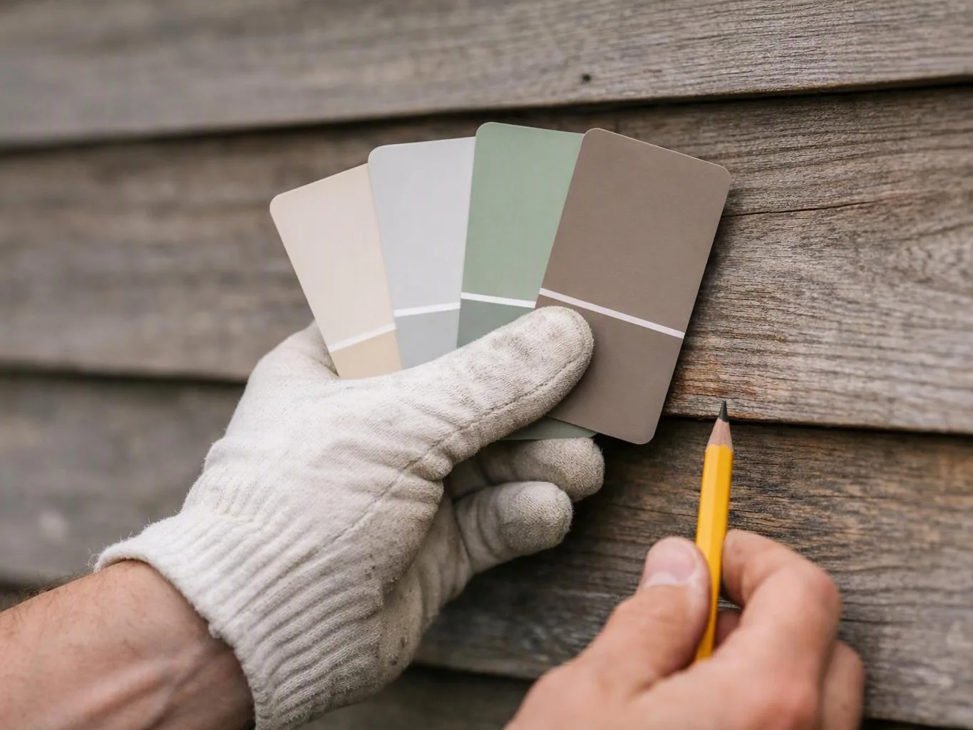 A gloved hand holds paint color cards against weathered wood while another hand holds a yellow pencil