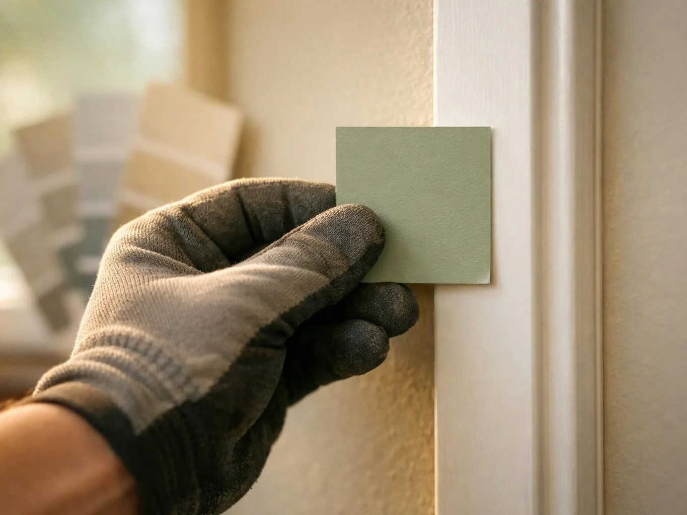 A gloved hand holds a paint swatch against a beige wall near white trim
