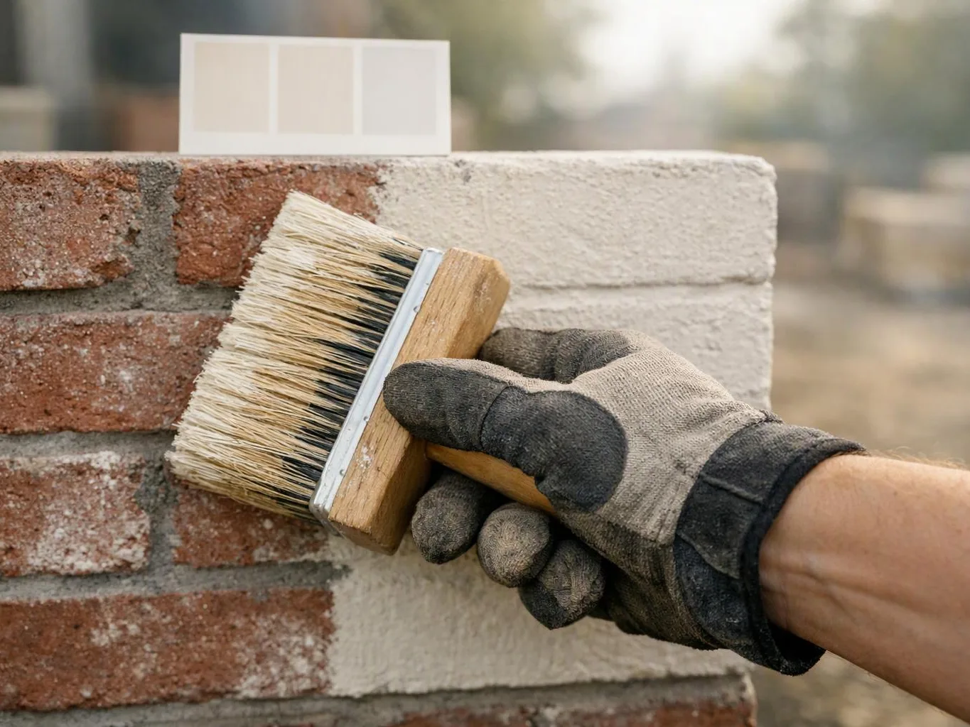 A gloved hand holds a paintbrush against a brick wall, brushing white paint on an outdoor surface