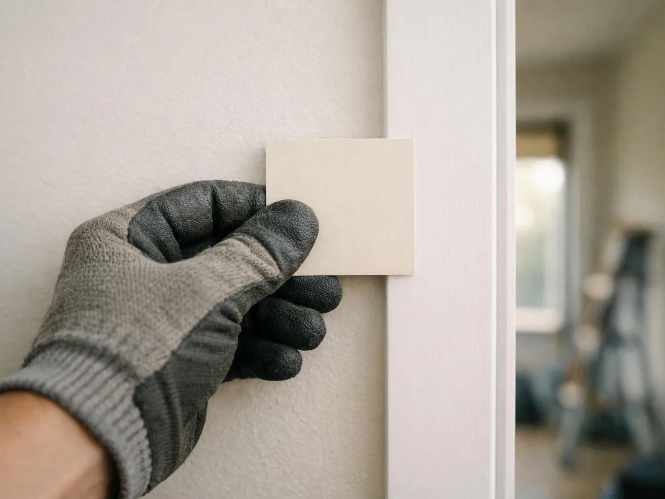A gloved hand holds a small blank sample card against a painted wall beside a white frame