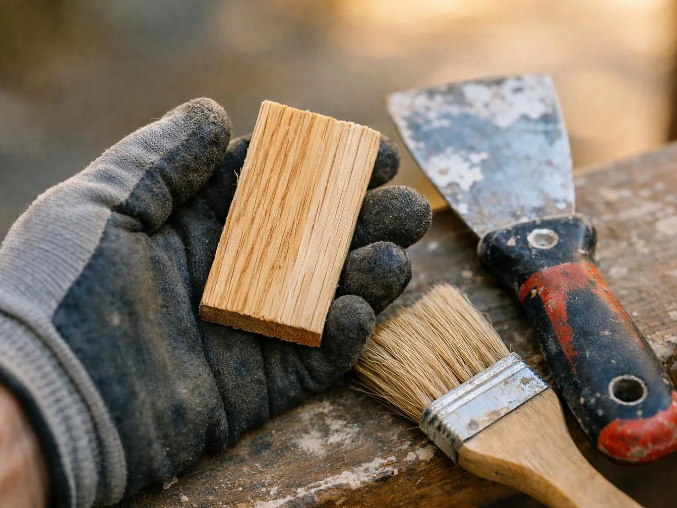 A gloved hand holds a small wood block beside a paint scraper and brush on a worn workbench