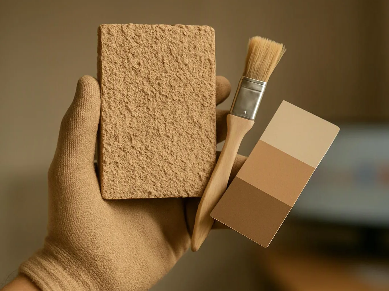 A gloved hand holds a textured tan sample, a small paintbrush, and a three-shade color swatch card