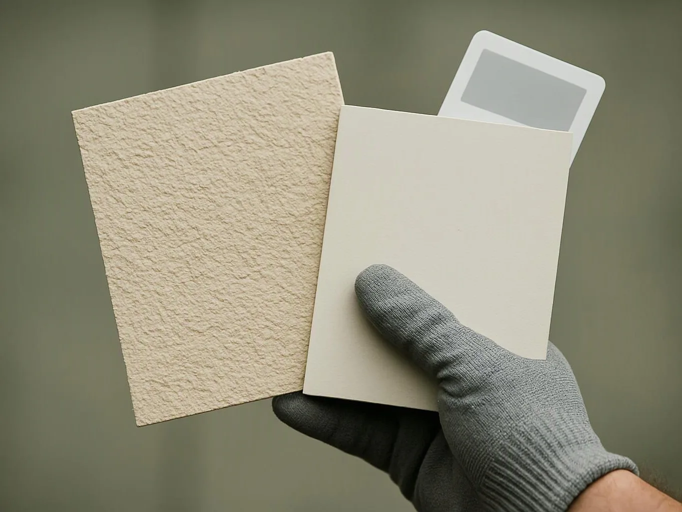 A gloved hand holds two sample cards, one textured beige and one smooth cream, against a plain background