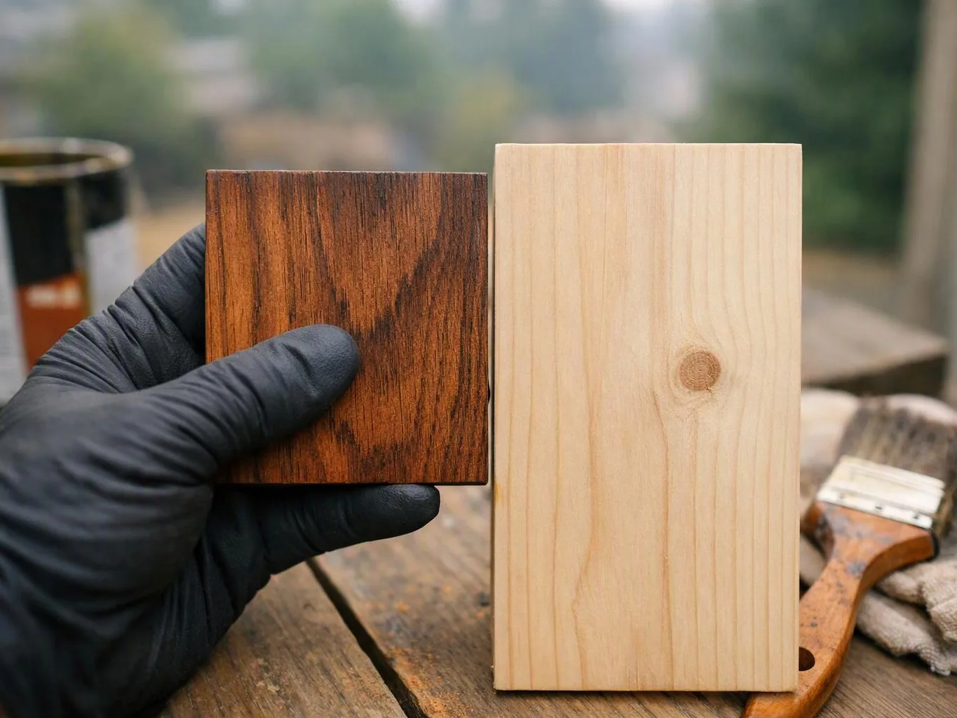 A gloved hand holds two wood samples beside a paintbrush on a weathered table