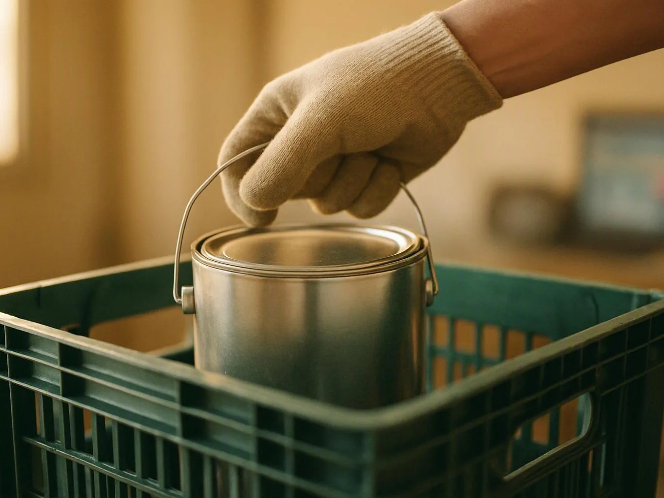 A gloved hand lifts a metal paint can from a green plastic crate indoors