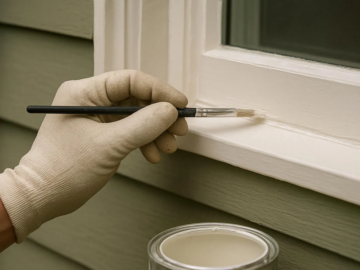 A gloved hand paints a white window trim with a brush beside an open paint can