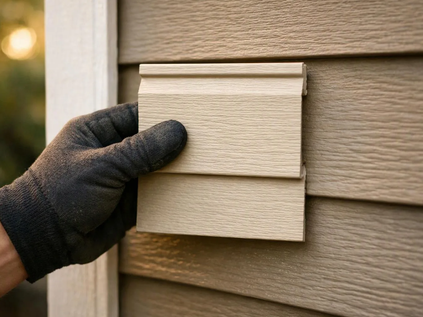 A gloved hand presses a beige siding sample against an exterior wall, with a blurry yard behind it