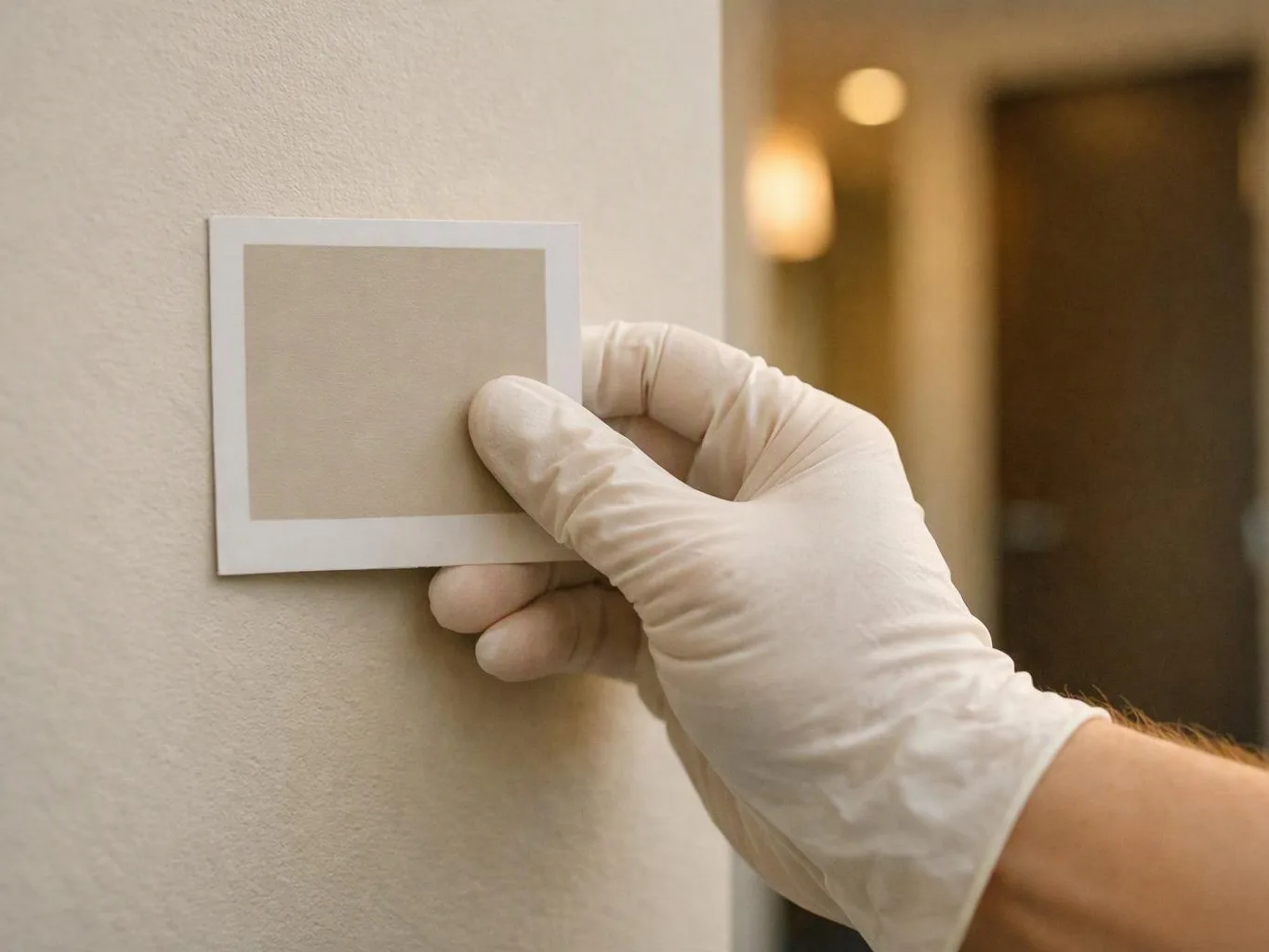 A gloved hand presses a blank sample card against a beige wall in a softly lit hallway