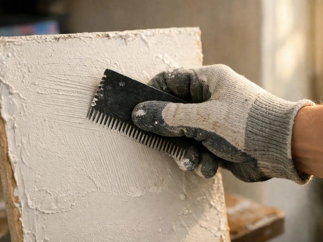 A gloved hand spreads white plaster on a board with a black notched trowel