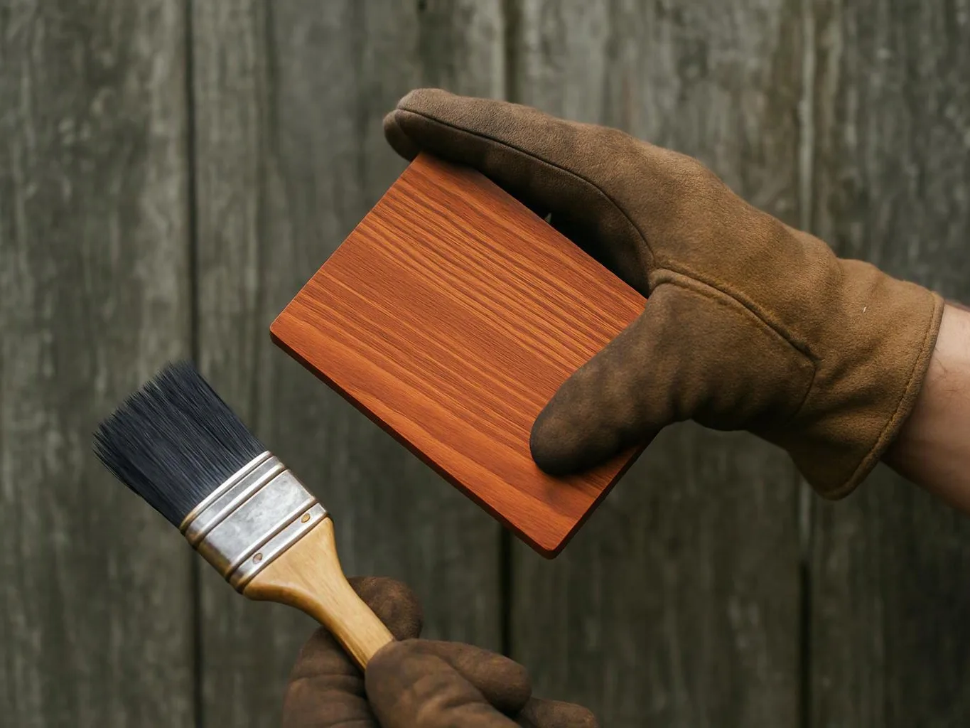 Gloved hands hold a paintbrush and a small wood-grain sample against a weathered wooden fence