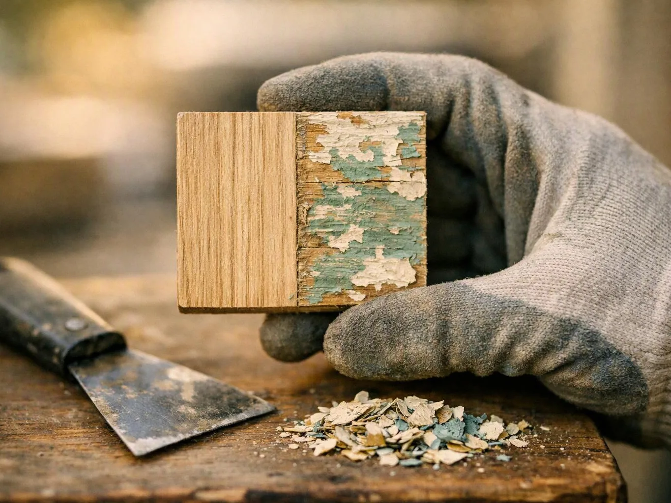 Gloved hands hold a scraped wooden block beside a putty knife and paint chips on a workbench