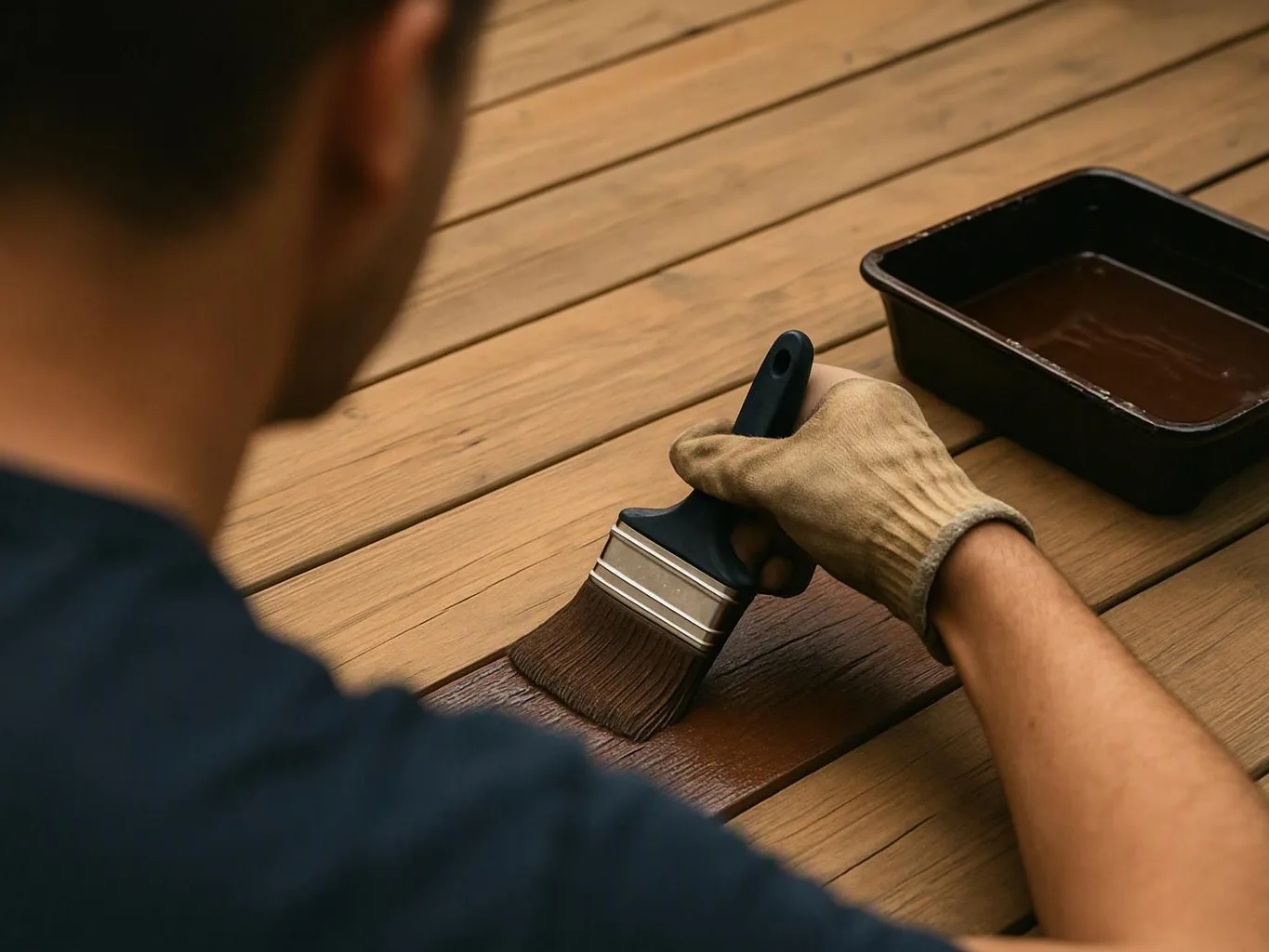 A gloved person brushes dark stain onto wooden planks beside a shallow tray of liquid
