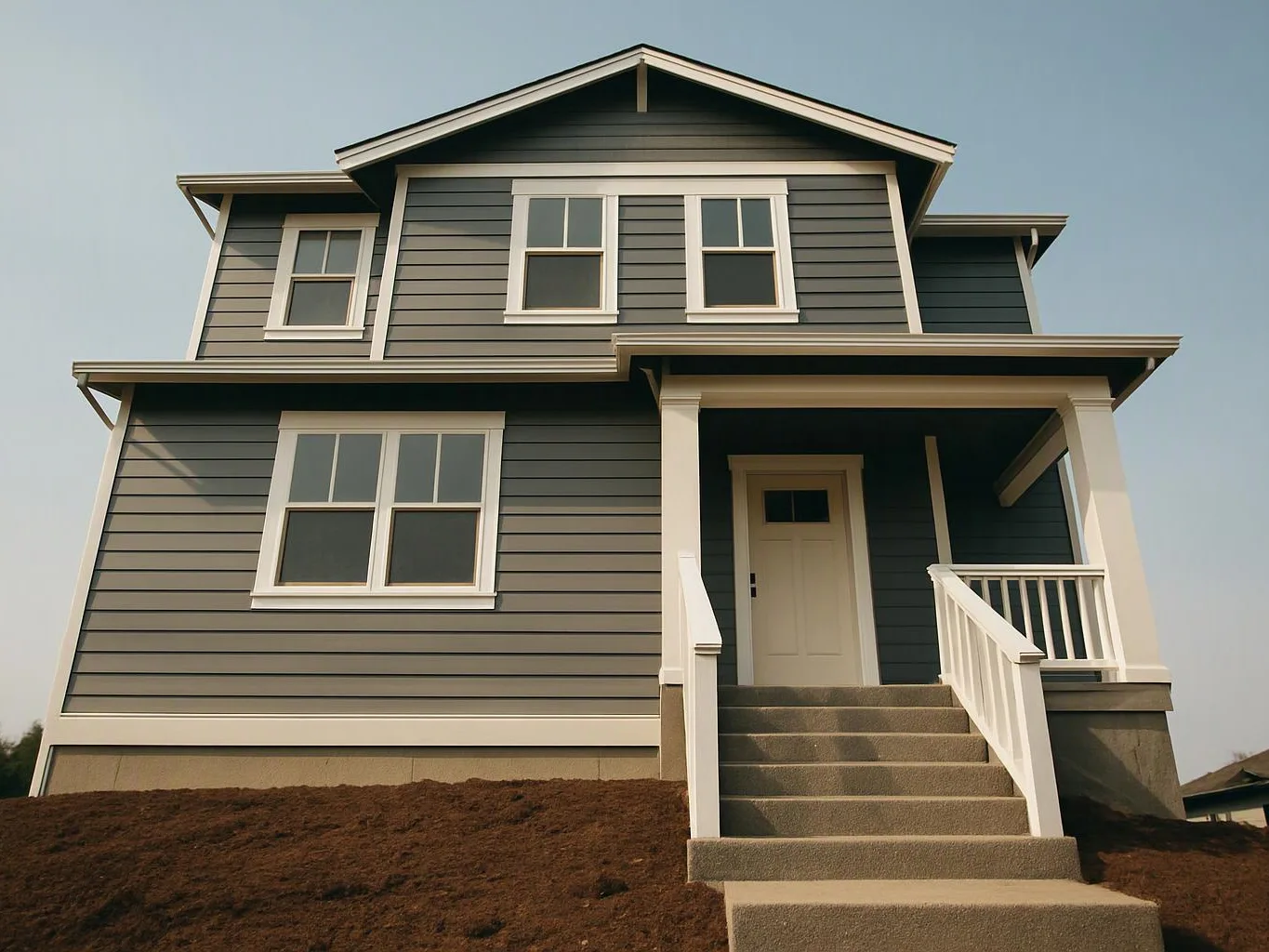 A gray two-story house with white trim stands on a bare dirt slope under a clear sky