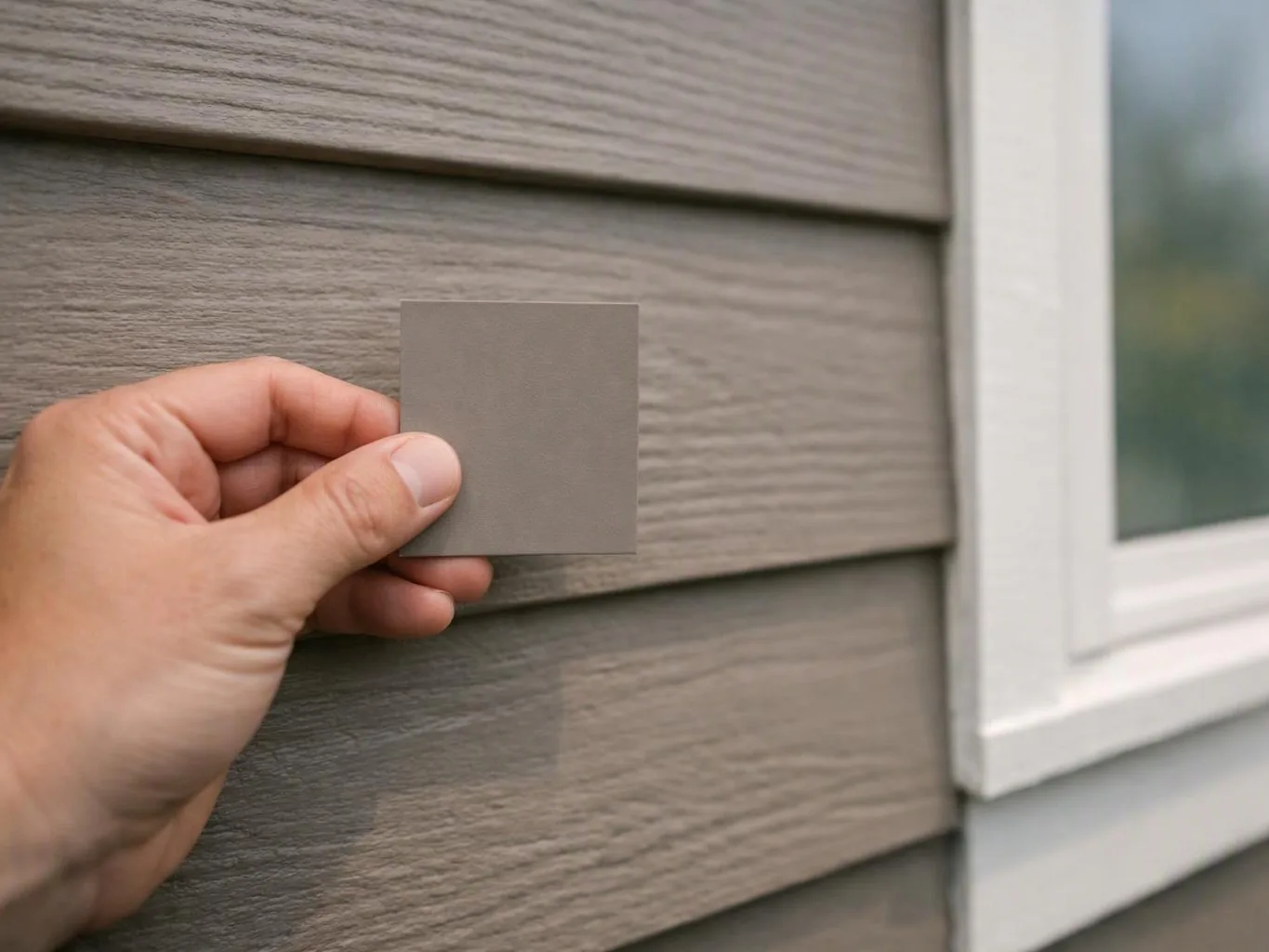 A hand holds a gray paint swatch against textured siding beside a white window frame
