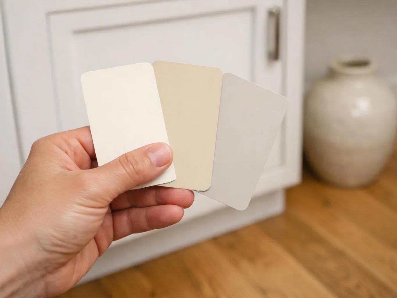 A hand holds three paint color swatches in front of a white cabinet and ceramic vase