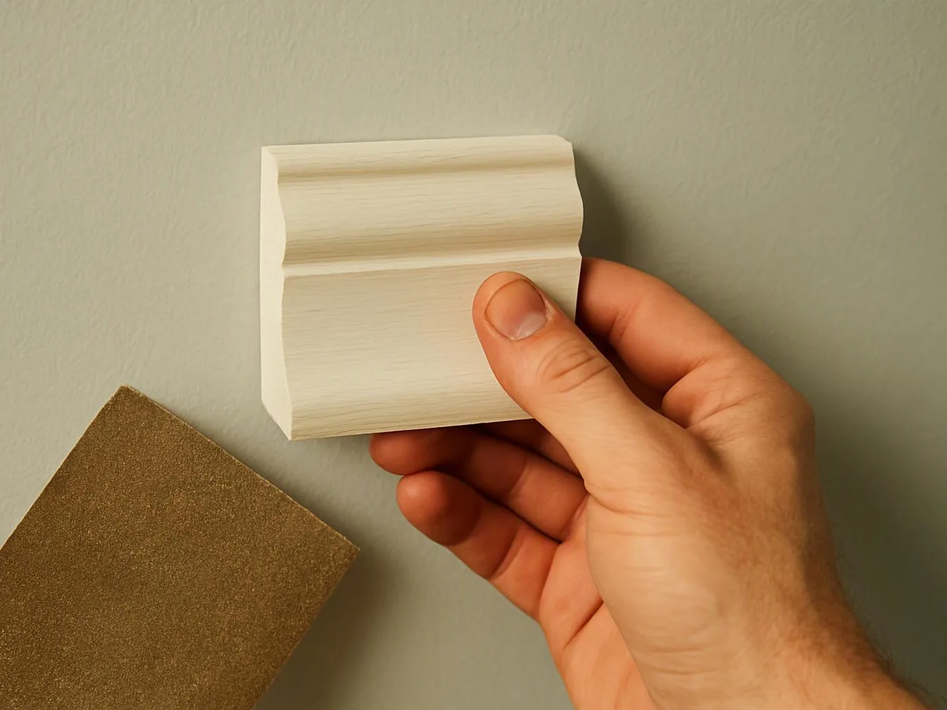 A hand holds a white decorative molding sample against a gray wall, with a gold square tile below