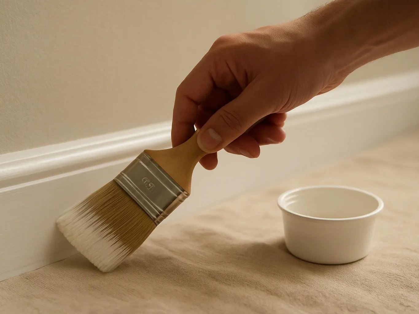 A hand paints a white baseboard with a brush beside a small paint cup on a covered floor
