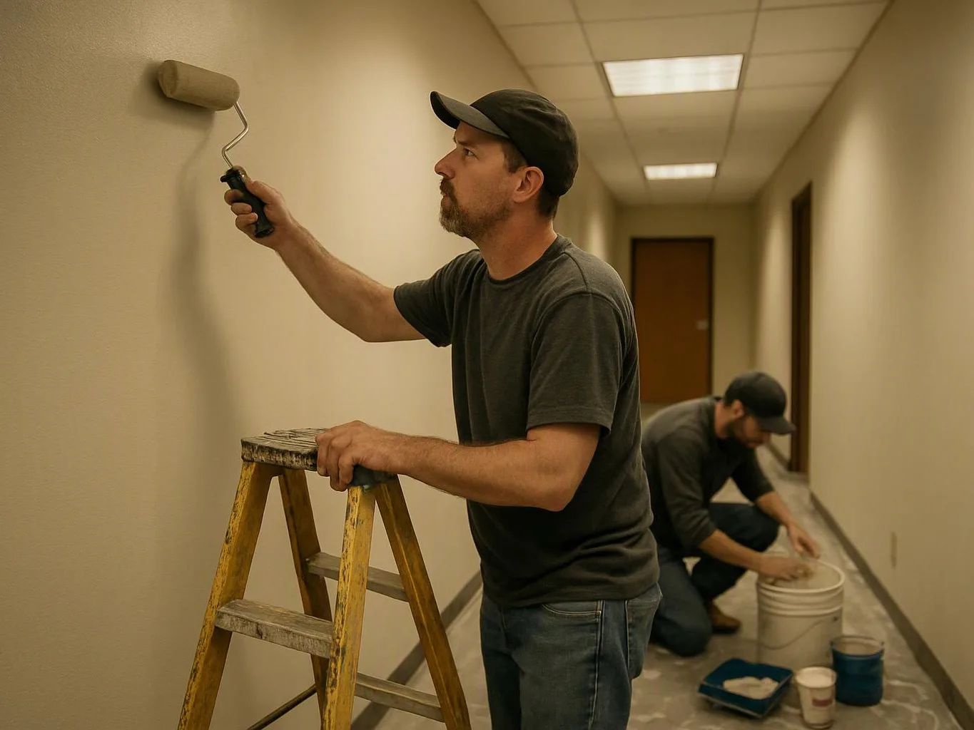 Two men paint a beige hallway, one on a ladder rolling paint while the other kneels beside buckets and supplies