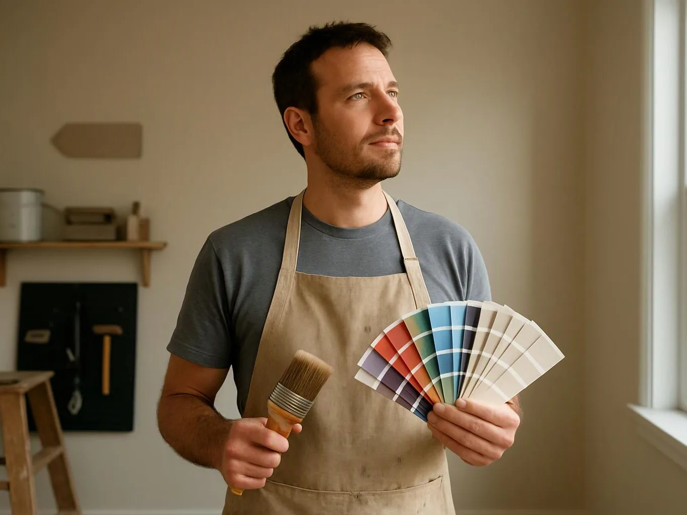 A man in an apron holds a paintbrush and color swatches in a bright room