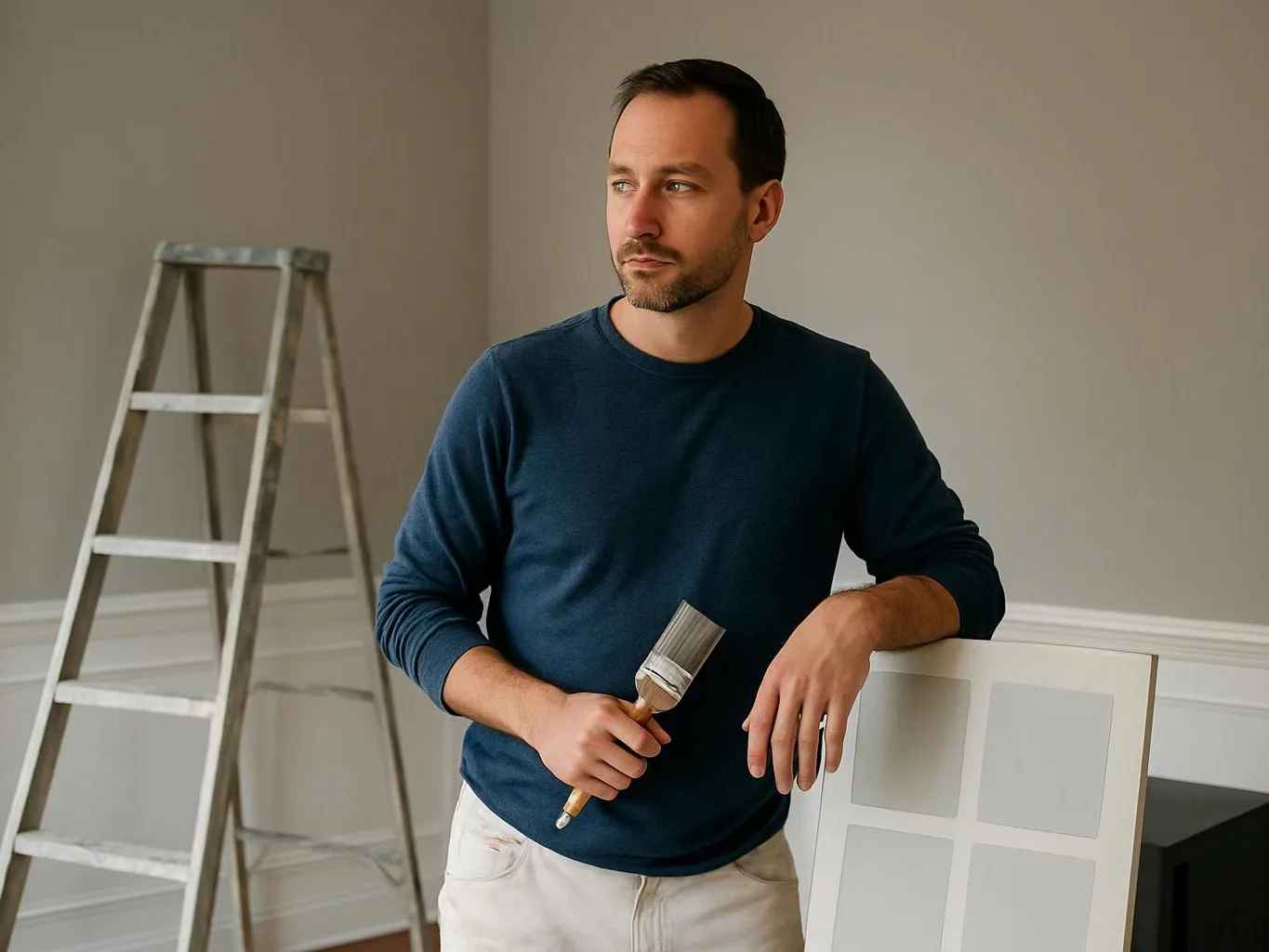 A man in a blue shirt holds a paintbrush beside a ladder and a paint sample board in a bare room