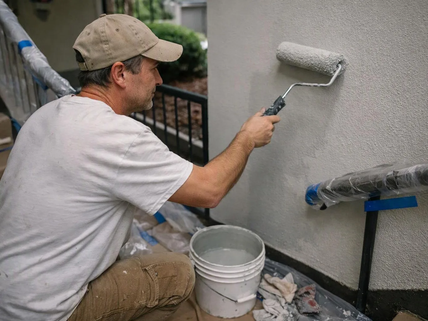A man in a cap paints a light gray exterior wall with a roller beside a bucket and covered railings