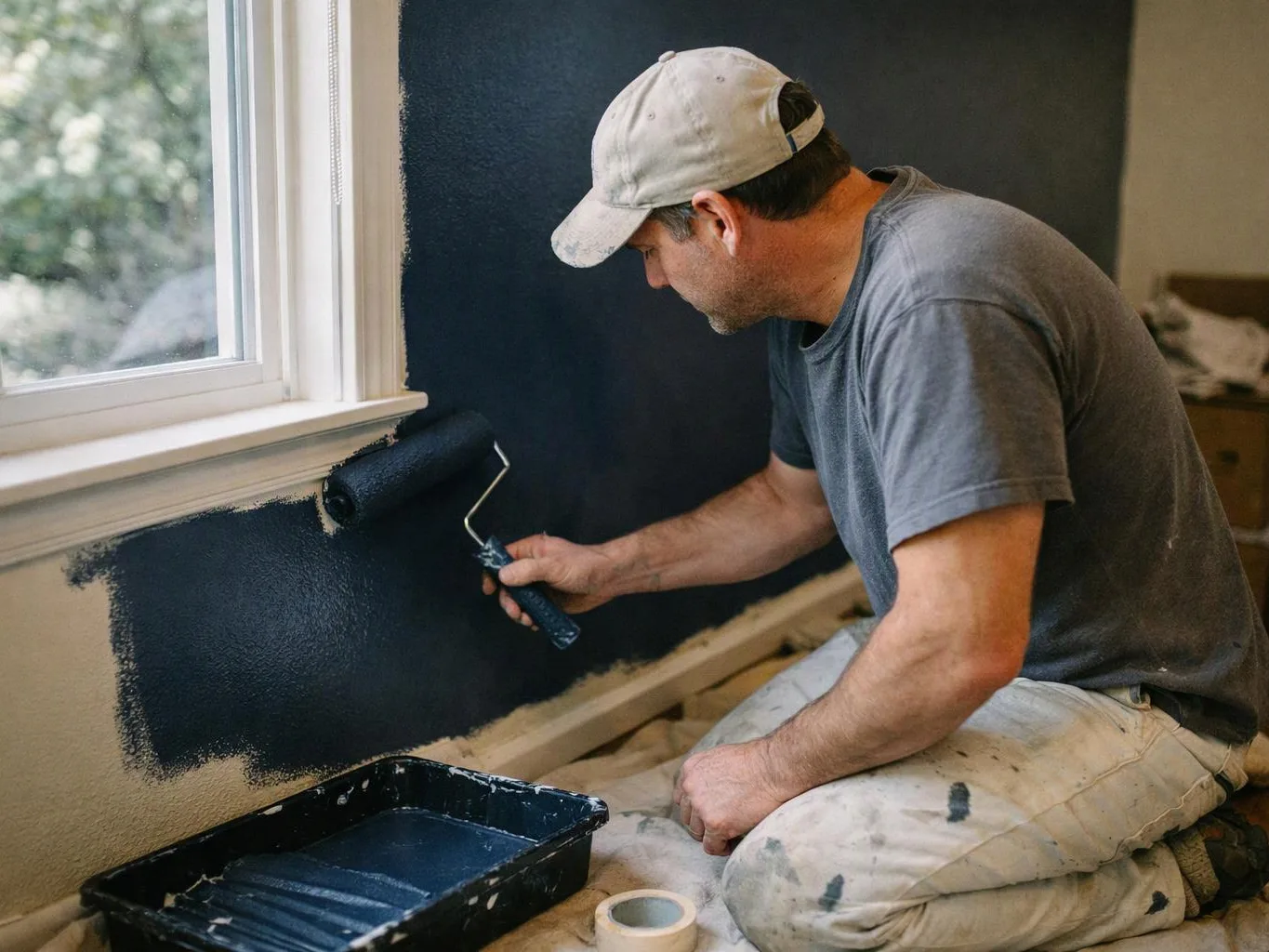 A man in a cap paints a room’s wall dark blue beside a window with a roller