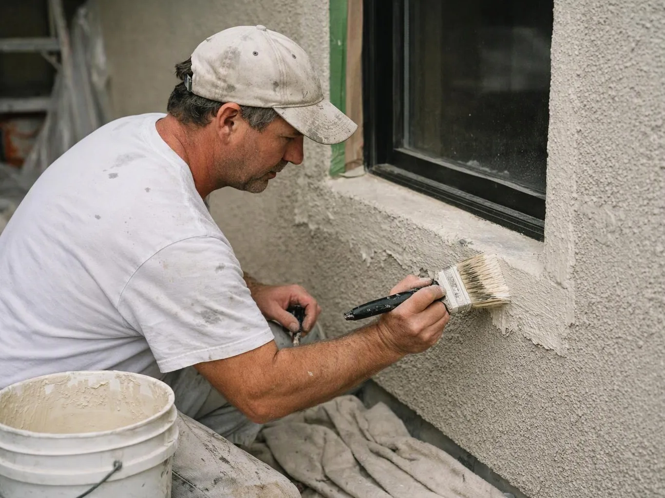 A man in a cap paints a textured exterior wall beside a window, with a bucket nearby