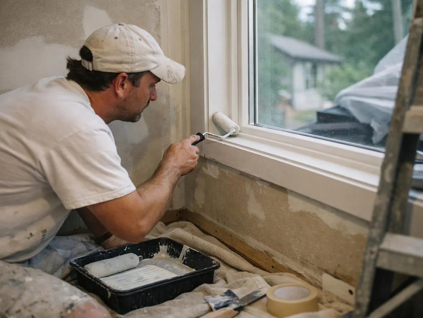 A man in a cap paints a white window frame inside a room under renovation