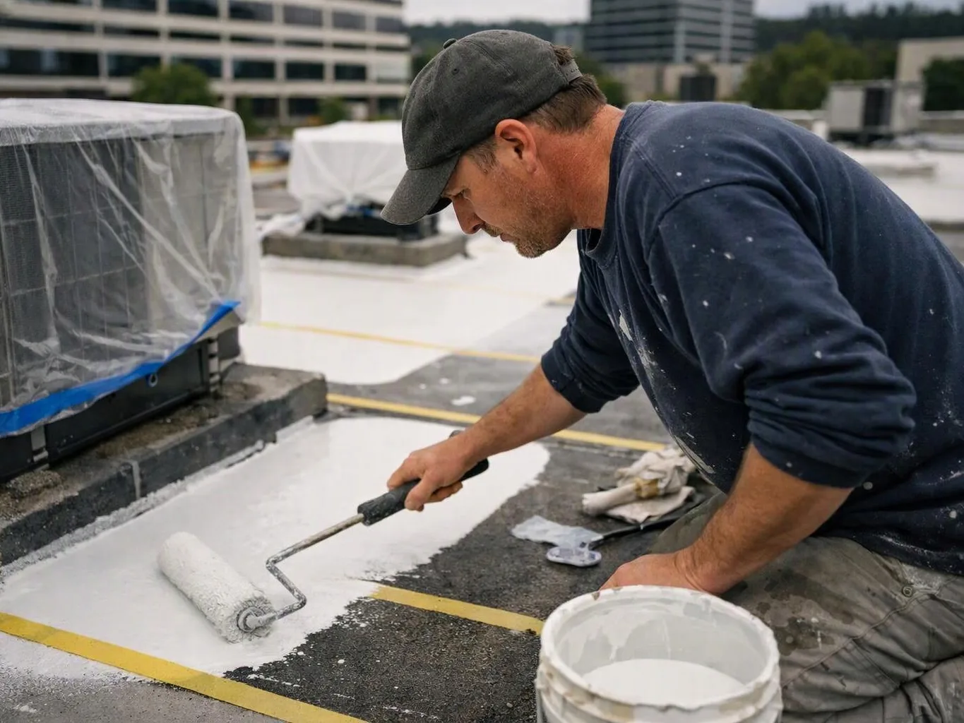 A man in a cap rolls white paint onto a flat rooftop beside a bucket and covered equipment