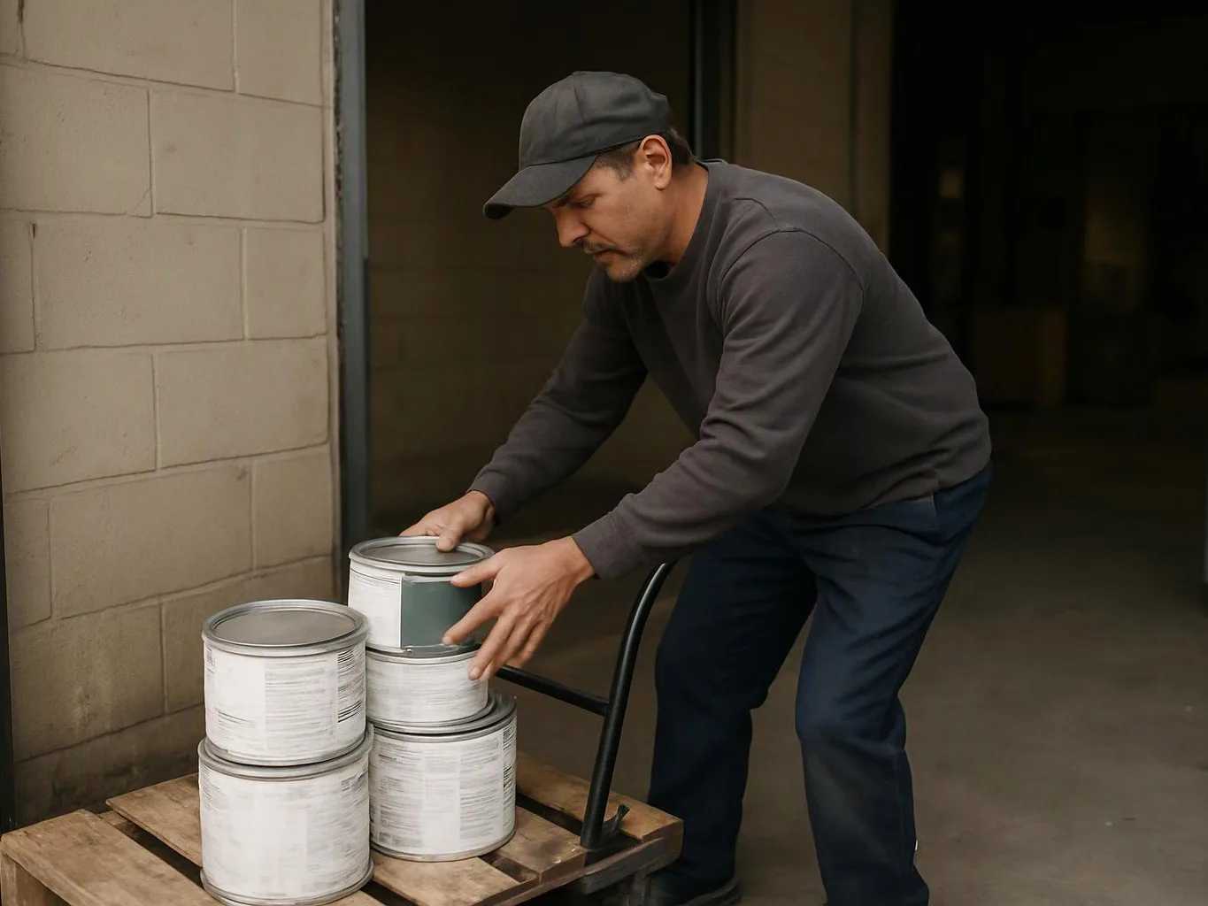 A man in a cap stacks white paint cans on a wooden pallet inside a dim industrial doorway
