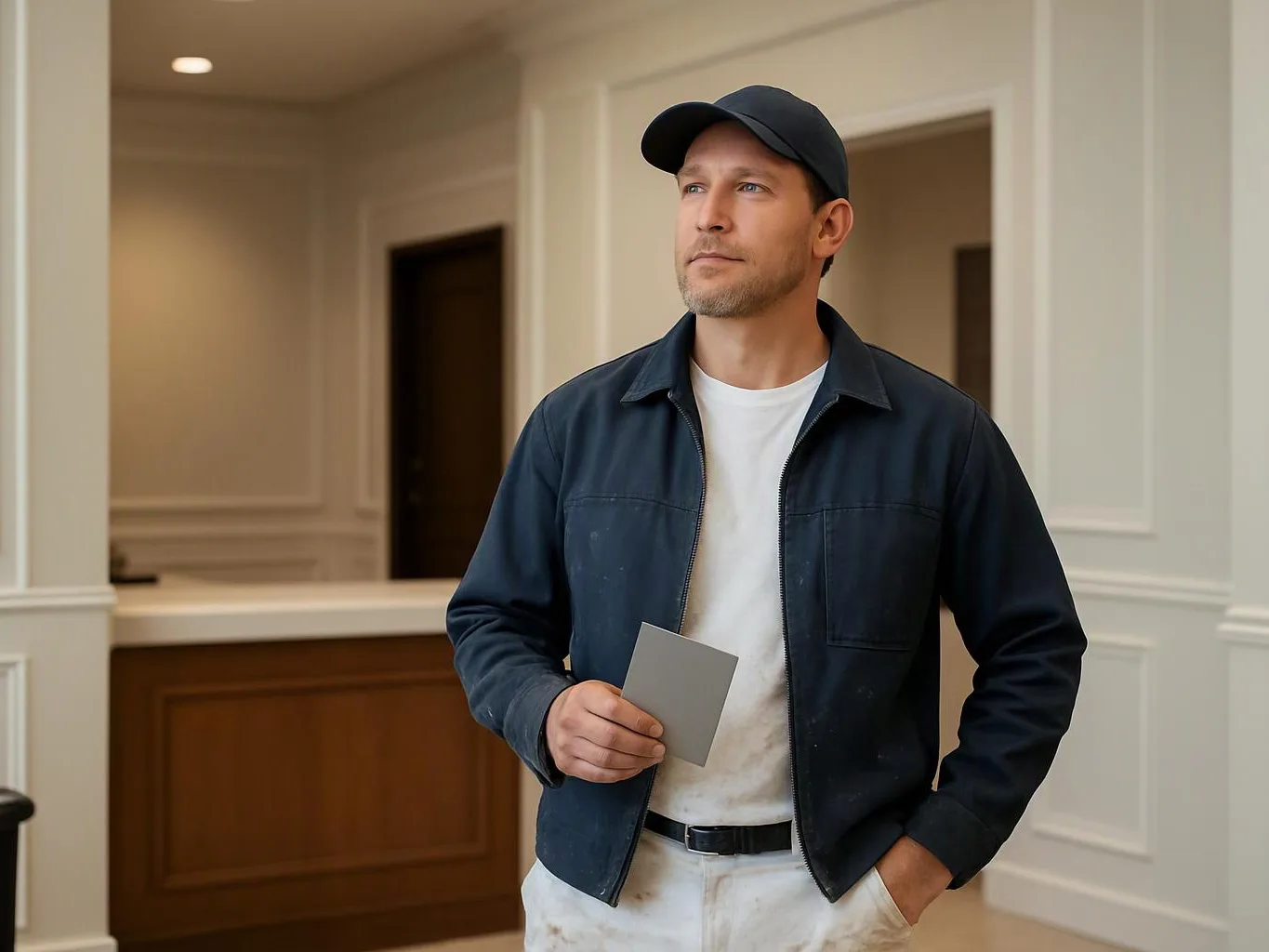 A man in a cap stands indoors holding a gray card near a reception counter