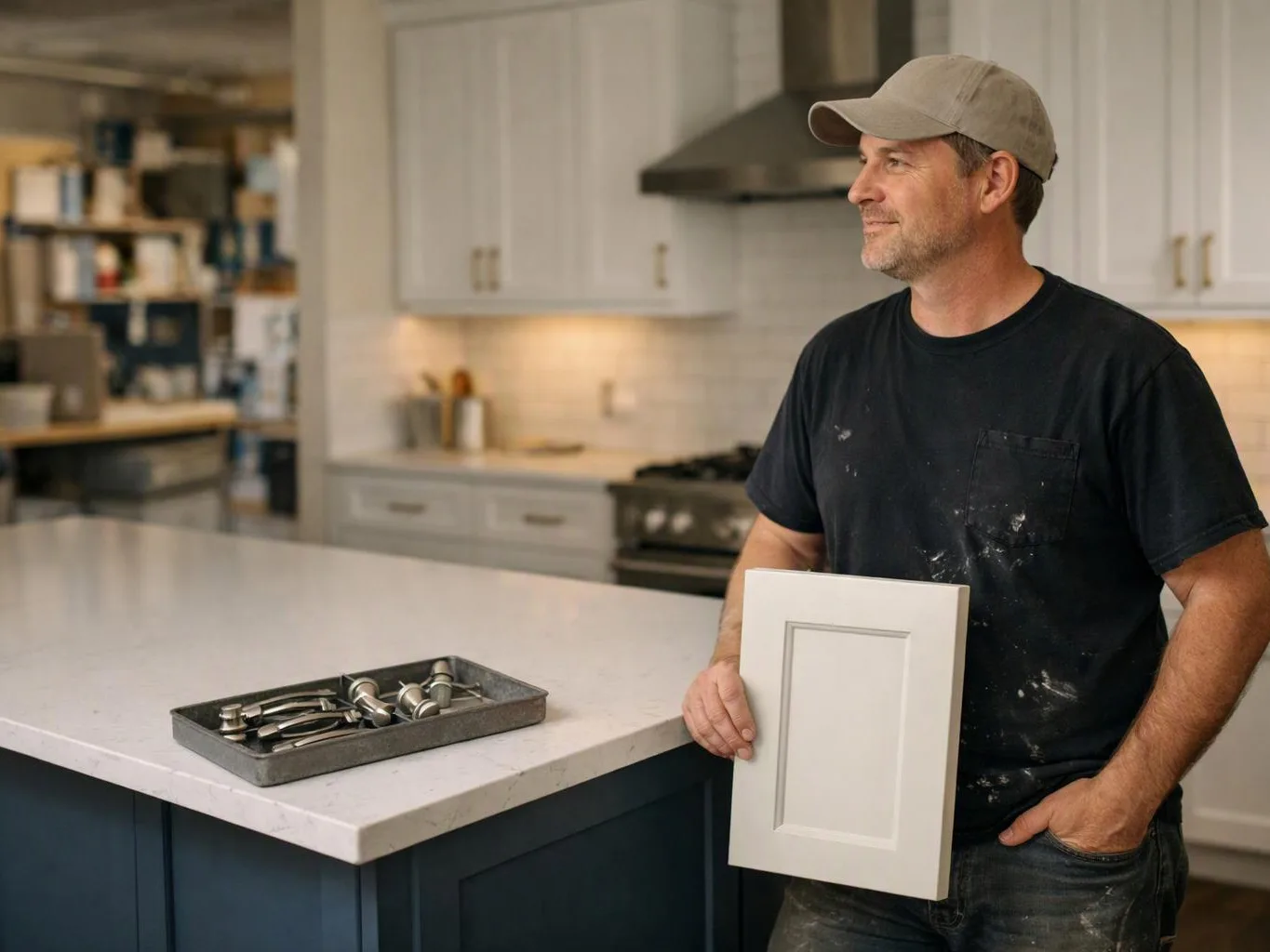 A man in a cap stands in a kitchen, holding a cabinet door beside a tray of tools on the island