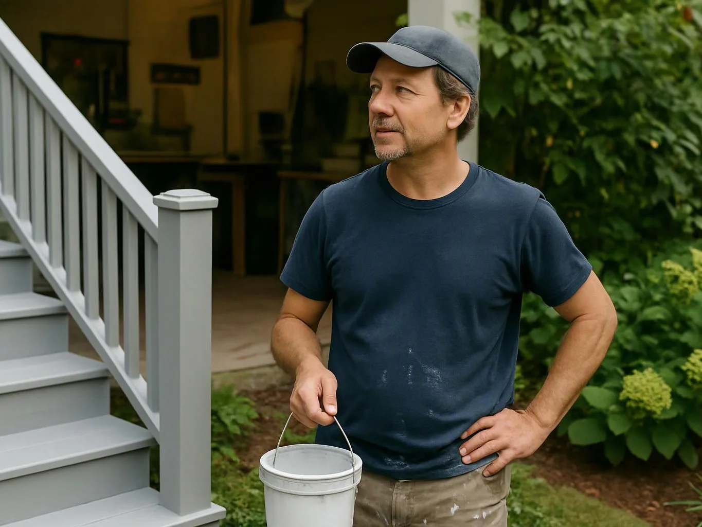 A man in a cap stands by porch steps holding a white paint bucket in a leafy yard