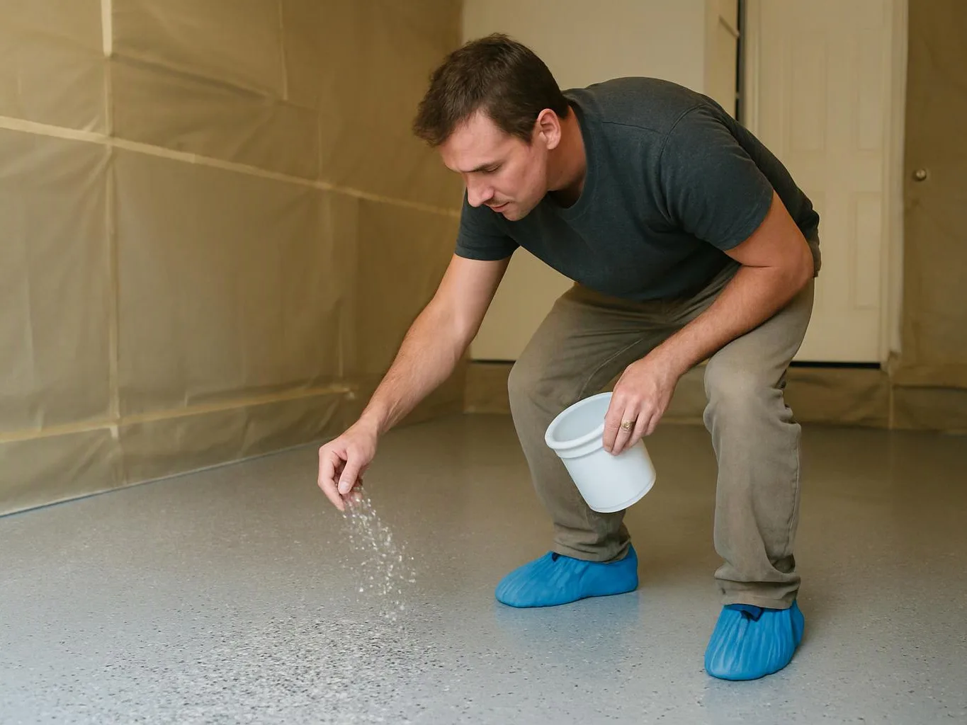 A man crouches indoors, sprinkling white granules onto a floor while holding a small bucket